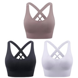 Heersan Women's Sports Bra, Push Up Sports Bra Without Underwire, Crossback, Seamless Strong Hold Sports Bra with Removable Padded for Fitness, Running, Jogging, Yoga, 3 PiecesWhite+Black+Coffee