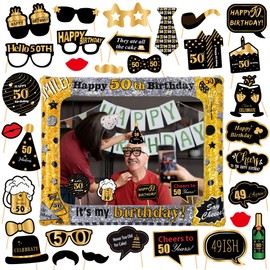 50th Birthday Photo Booth Props - Happy 50th Birthday Party Decorations Black Gold Inflatable Selfie Frame, 50 and Fabulous Funny Party Photobooth Accessories for Women Men