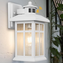 Brilvibera Dawn to Dusk Motion Sensor Wall Light Fixtures - White Wall Mount with E26 Sockets & Tempered Glass, Waterproof Outdoor & Indoor Lights for House, Porch, Garage, Door