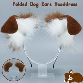 Kidukso Cute Dog Ears Headwear Hairband Furry Animal Folded Dog Ears Headdress Anime Cosplay Headwear Headband Camel and White