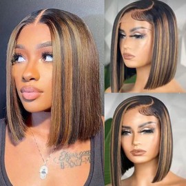QTIKER Stylish Highlight Bob Wig 1b30 Human Hair 13x4 Frontal Lace Preplucked Colored Bob Wigs Transparent Lace Short Style Bobbing Wig (13X4 1b30 BOB, 10 INCH)