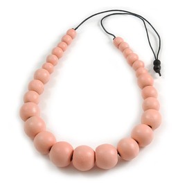 Avalaya Chunky Pastel Pink Graduated Wood Bead Black Cord Necklace - 84cm Max/Adjustable