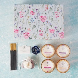 Hosley Luxury Fragrance Gift Box Set of 4 Votive Candles, Ceramic Incense Holder, 20 Incense Sticks, and Rose Petal Bag Premium Aromatherapy Set for Relaxation and Gifting