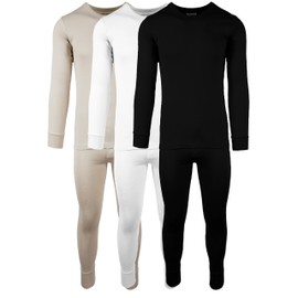 Men's 3 Pack 100% Cotton Fleece Lined Base Layer Thermal Underwear 2 Piece Set (3 Sets- Black/Cream/Sand, XXX-Large)