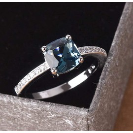 Cuteshop 14k White Gold Plated Sterling Silver Peacock Blue Topaz Square Diamond Ring Gemstone Ring Aquamarine Gemstone Wedding Bridal Band Ring for Women (9)
