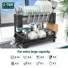 B-Land Dish Drying Rack: 2 Tier Dish Racks for Kitchen Counter and Sink - Large Dish Drying Rack with Drainboard & Utensil Holders - Stainless Steel Dish Drainers Kitchen Organization and Storage