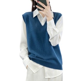Ailaile Women's V-Neck Knit Sweater Vest 100% Merino Wool Lightweight Sleeveless Pullover Basic Vest Short Tops Ink Blue