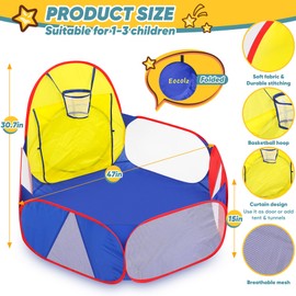 Eocolz Kids Ball Pit Large Pop Up Childrens Ball Pits Tent for Toddlers Playhouse Baby Crawl Playpen with Basketball Hoop and Zipper Storage Bag, 4 Ft/120CM, Balls Not Included (Blue Yellow Red)
