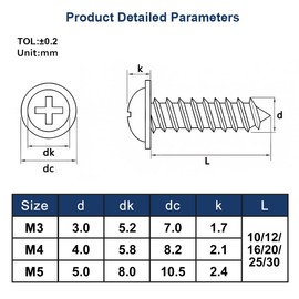Drenky M4x20mm Flange Self Tapping Screws M4 Small 304 Stainless Steel Screw 50 Pcs Multi-Purpose Phillips Pan Head With Washer for Wood, DIY & Construction Hardware