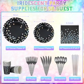 Black and Iridescent Silver Dot Party Decorations Serve 50, Black Holographic Paper Plates and Napkins, Disposable Party Plates Cups Napkins for Fathers Day Retirement Birthday Graduation Prom Party