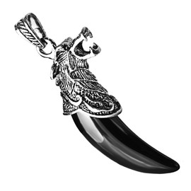 BEADNOVA Mens Natural Black Onyx Gemstone Necklace Wolf Tooth Tribal Pendant Necklaces Stainless Steel Chain 18 Inches