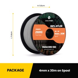 Kamu Synber 550 Paracord 4mm 30m Type III 7 Strands 100% Nylon Rope Parachute Cord Ideal for Crafting, DIY, Camping, Survival, Outdoor | Support 250kg | Grey
