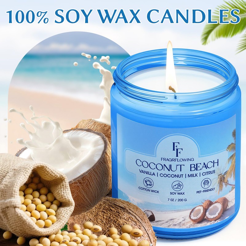 Coconut Beach Scented Candle, Natural Soy Wax Jar Candle for