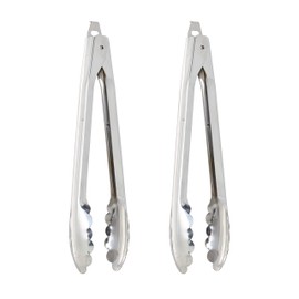 HIC Kitchen Spring Locking Kitchen Cooking Serving Food Barbecue Tongs, Scalloped Gripping Edge, Stainless Steel, 12-Inch, Set of 2