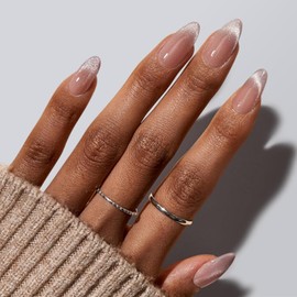 IQXGE Medium Almond Press on Nails French Full Cover False Fake Nails Press ons Cat Eye Stick on Nail Nude Glitter Acrylic Fake Nail Shiny Artificial 24Pcs Reusable for Women