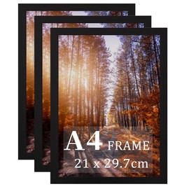 Picture Frame, Versatile Black Picture Frame with Safe Perspex Front & Wall Hanging Hooks- For Display, Landscape or Portrait Orientation, Wall-Mount & Desk Stand (Black, A4-3Pack)