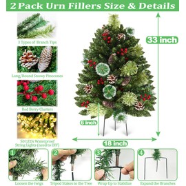 2 Pack 33" Christmas Tree Outdoor Urn Filler, 50 Warm & Colorful Lights 8 Modes Timer 220 Mixed Pine Branch Tips Pinecones Red Berries Tripod Stakes, Planter Fillers Decoration for Porch Yard Pathway