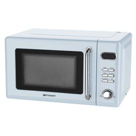 Emerson MWR7020BL Retro Compact Countertop Microwave Oven with Button Control, LED Display, 700W 5 Power Levels, 8 Auto Menus, Glass Turntable and Child Safe Lock, 0.7, Thunderbird Blue