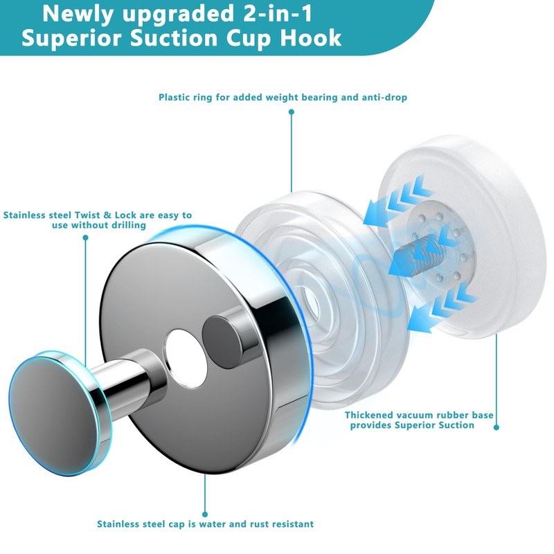 Suction Cup Hooks for Shower,Removable No Drill Towel Hooks,Upgraded 15