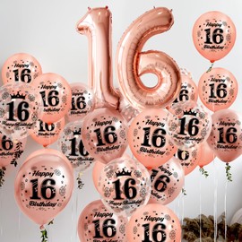 16th Birthday Balloons,15 Pcs Rose Gold Party Decorations with Happy Birthday Latex Confetti Balloons for Girls Women 16th Birthday Décor Anniversary Age Balloons