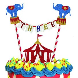 Decoración para tarta de 3er cumpleaños de circo, tres años de edad, temática de circo para fotomatón para niños o niñas, decoración de tartas, suministros de purpurina (circo tres cumpleaños)