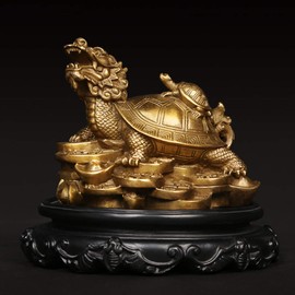 Feng Shui Brass Dragon Turtle Statue Wealth Prosperity Sculpture with Set of 5 Lucky Charm Ancient Coins on Red String Best Housewarming Congratulatory Gift Home Decor (C2 Dragon Turtle)
