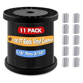 Vinyl Coated Wire Rope, 304 Stainless Steel Black Coated Covered 1/8 Inch Overmolded to 3/16 Inch String Light Hanging Kit, Black Coated Cable Aircraft Cable Clothesline for Pull Training(100ft)