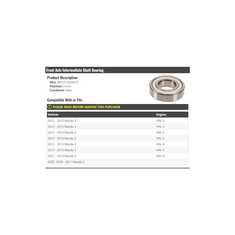 Marketplace Auto Parts Front Axle Intermediate Shaft Bearing - Compatible