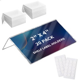 20 Pack Acrylic Rigid Library Shelf Label Holders for School Office Library Book Shelves Tags Shelf Labels with Sticky Dots, Transparent Tabletop Price Sign Stand for Store Bakeries (2x4 in)