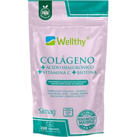 Wellthy Colageno Hidrolizado 220 Cápsulas con Ácido Hialurónico, Vitamina C, Magnesio Marino y Biotina. Bottle Free