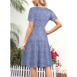 Women's Elegant Vintage Business Casual Floral Print Work Party A-Line Swing Dress with Pockets 162 (XL, Royal White-826)