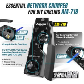 AMPCOM Ethernet Crimping Tool Kit 9-in-1 Pass Through RJ45/RJ11 Network Tool Kit for STP Cat7/6A UTP Cat6/5E/5 RJ45 Connectors with 110 Punch Down Tool Wire Stripper in Portable Waterproof Bag