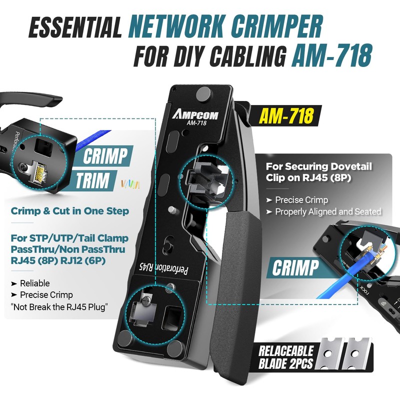 AMPCOM Ethernet Crimping Tool Kit 9-in-1 Pass Through RJ45/RJ11 Network