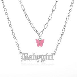 coadipress Old English Babygirl Necklace for Women Unique 18k Gold Silver Plated Adjustable Words Stainless Steel Clavicle Chain Necklaces Jewelry Birthday Gift (Pink Butterfly Silver)