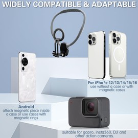 Beviliu Beviliu Magnetic Neck Phone Holder for Recording, Hands Free POV/Vlog Phone Holder Neck Mount with Anti-Shake Chest Strap Selfie Video Filming for iPhone 16 15 14 13 12 Seires Android GoPro Insta360