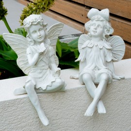 Pelle & Sol Set of 2 White Angel with Wings | Fairy Garden Accessories | Garden Ornaments Outdoor Resin Statue Indoor, Outdoor Fairy Garden Decor and Gardening Gifts