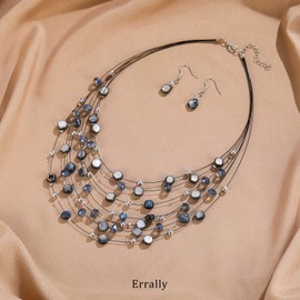 Multi-Layer Boho Shell Beaded Necklace for Women Colorful Crystal Strand with Silver Beads Statement Collars Necklace and Earrings Costumes Jewelry Sets for Women(Blue)