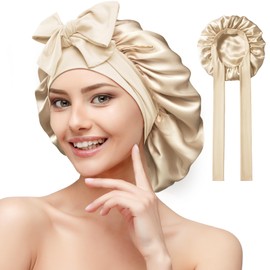 Umisleep 100% Silk Hood for Sleeping - Double Silky Mulberry Silk Sleep Cap Shower Cap for Long Hair, Breathable and Soft 22 Momme Sleep Cap with Adjustable Band, Pale Gold