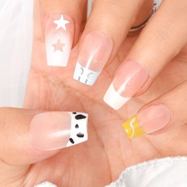 Sethaxy French Handmade Nail Tip, Short Ballerina Tip, Mermaid Scales, 3D Relief, Press On Nail, Heart Pattern, Rhinestones, False Nails, Butterfly, Pearl, 3D Nails, Aurora, Bowknots, French Rose,