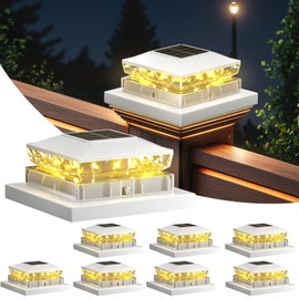 Solar Post Cap Light 8 Packs, Waterproof Solar Powered Fence Light, 4x4 IP65 White Outdoor Post Solar Lights for Deck Garden & Patio Lights for 3.5x3.5,4x4,5x5 Wood & Vinyl Posts Warm White Lighting