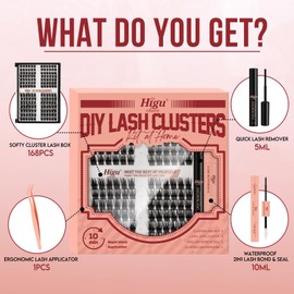 Higu clace Lash Cluster Kit, 168Pcs DIY Lash Extension Kit with Wispy Eyelash Clusters, Lash Bond and Seal, Lash Applicator Tools, Cluster Lashes Remover for DIY lash clusters at Home (WL04 10-16mm)