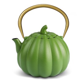 VICSKY Pumpkin Cast Iron Teapot (40 oz/1200 ml), Cute Natural Pumpkin Shape, Cast Iron Tea Kettle with Enamel Coated for Loose Tea Leaf, Stovetop Safe(Light Green)