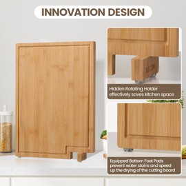 Kikcoin Bamboo Cutting Boards for Kitchen, 3XLarge Wood Cutting Board with Rotating Kickstand & Juice Groove, Wooden Chopping Board for Meats Veges Fruits, Heavy Duty Serving Tray, 24 x 18 inch