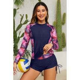 SHEKINI Women's 3-Piece Rash Guard Long Sleeve Swimsuits with Drawstring Short, Deep Blue-Pink Leaves