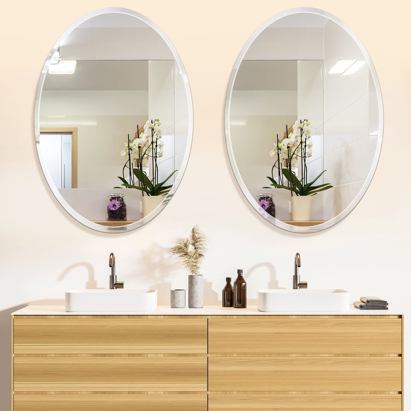 Frameless Oval Bathroom Mirror, 24x36 Inch Beveled Edge Vanity Wall