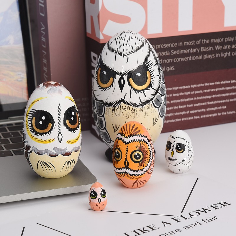 5PCS Owl Nesting Egg Cute Owl Animal Nesting Dolls Wooden