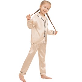 SWOMOG Family Matching Pyjamas Set Silk Satin Button Down Sleepwear Long Sleeve Nightwear 2 Pcs Pj Set Family Champagne 120