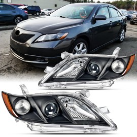Pair Black Headlights Assembly For 2007 2008 2009 Toyota Camry CE LE XLE SE Base Sedan US Built Models Replacement Headlamps Driver and Passenger Side Black Housing Amber Reflector