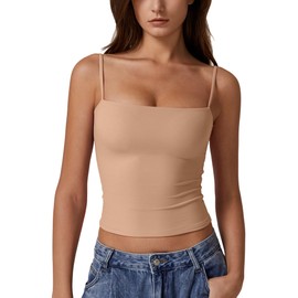 QINSEN Women's Basic Solid Cami Undershirt Spaghetti Strap Double Layer Crop Tank Top Tan L