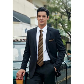 HISDERN Black Orange for Men Formal Silk Tie Pocket Square Set Striped Formal Business Woven Necktie Handkerchief Wedding Party Designer Neckties